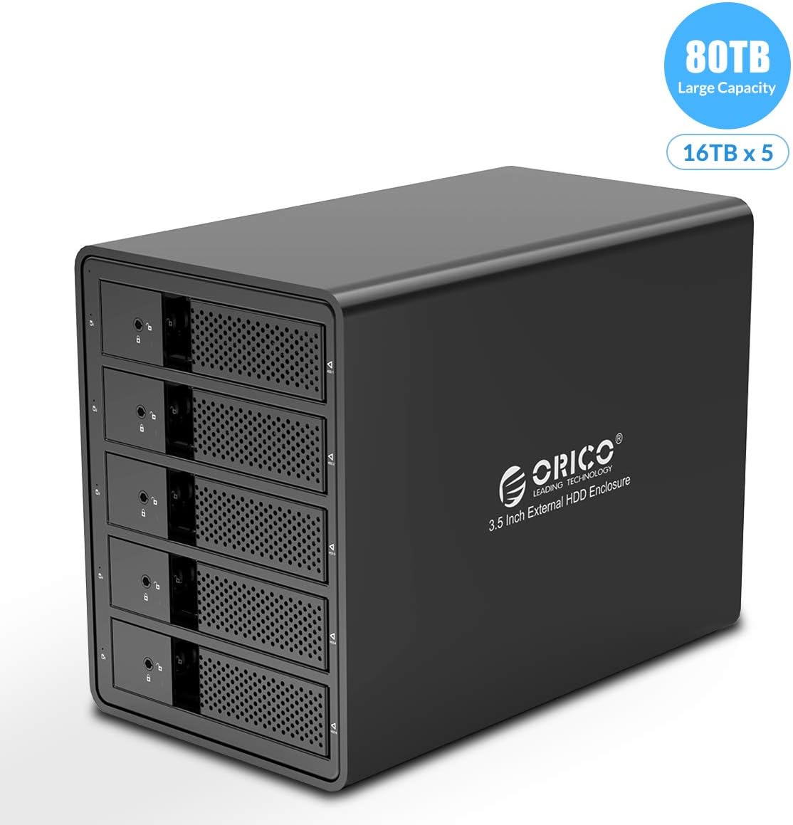 ORICO 5 Bay External Hard Drive Enclosure USB 3.0 3.5 inch Chia Support 80TB (5 x 16TB) Aluminum Alloy HDD Enclosure with Fan / 150W Disk Data