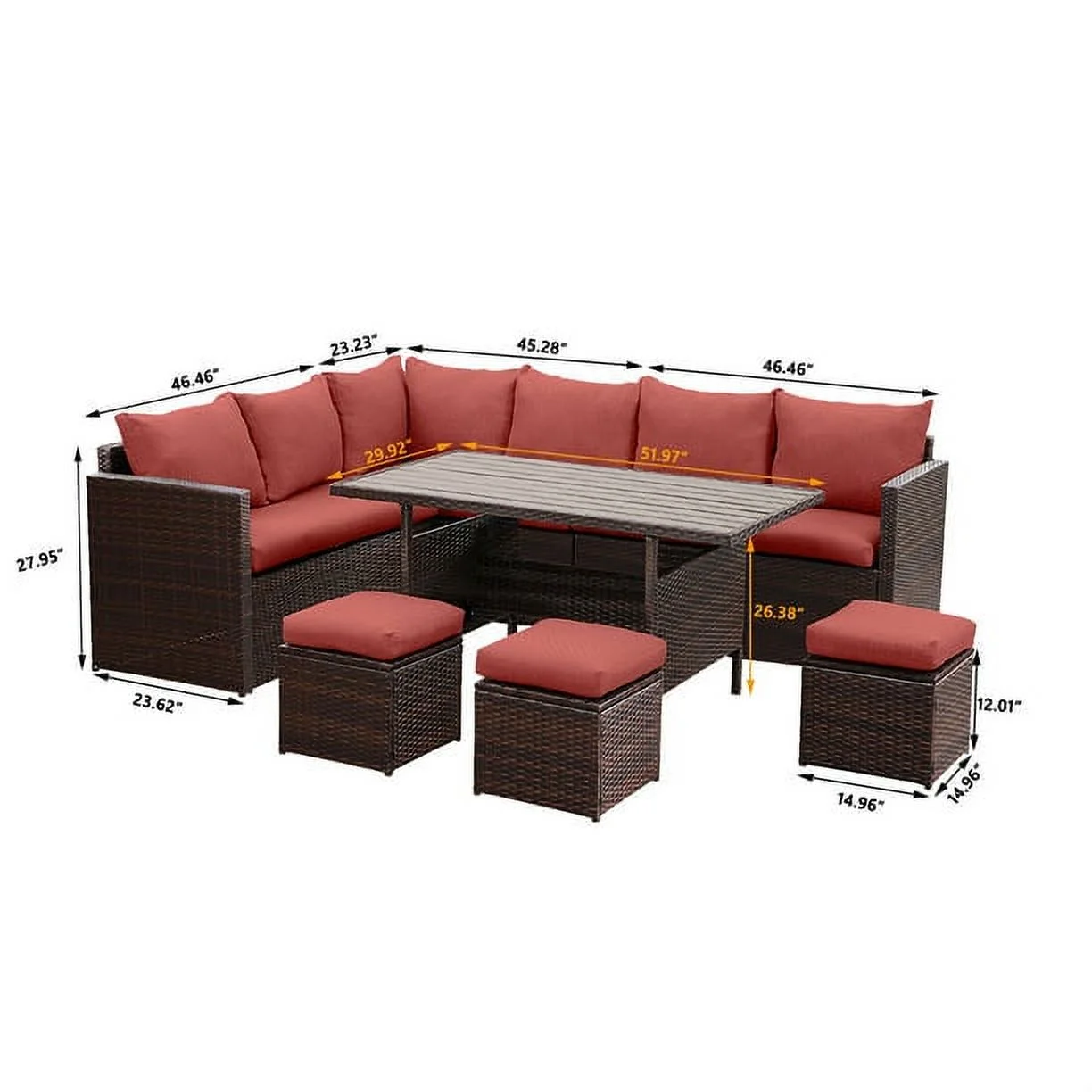 CozyHom 7 Pcs Outdoor Patio Wicker Dining Furniture Sofa Sets, Rattan Conversation Sectional Couch Set with Table and Ottomans, Red