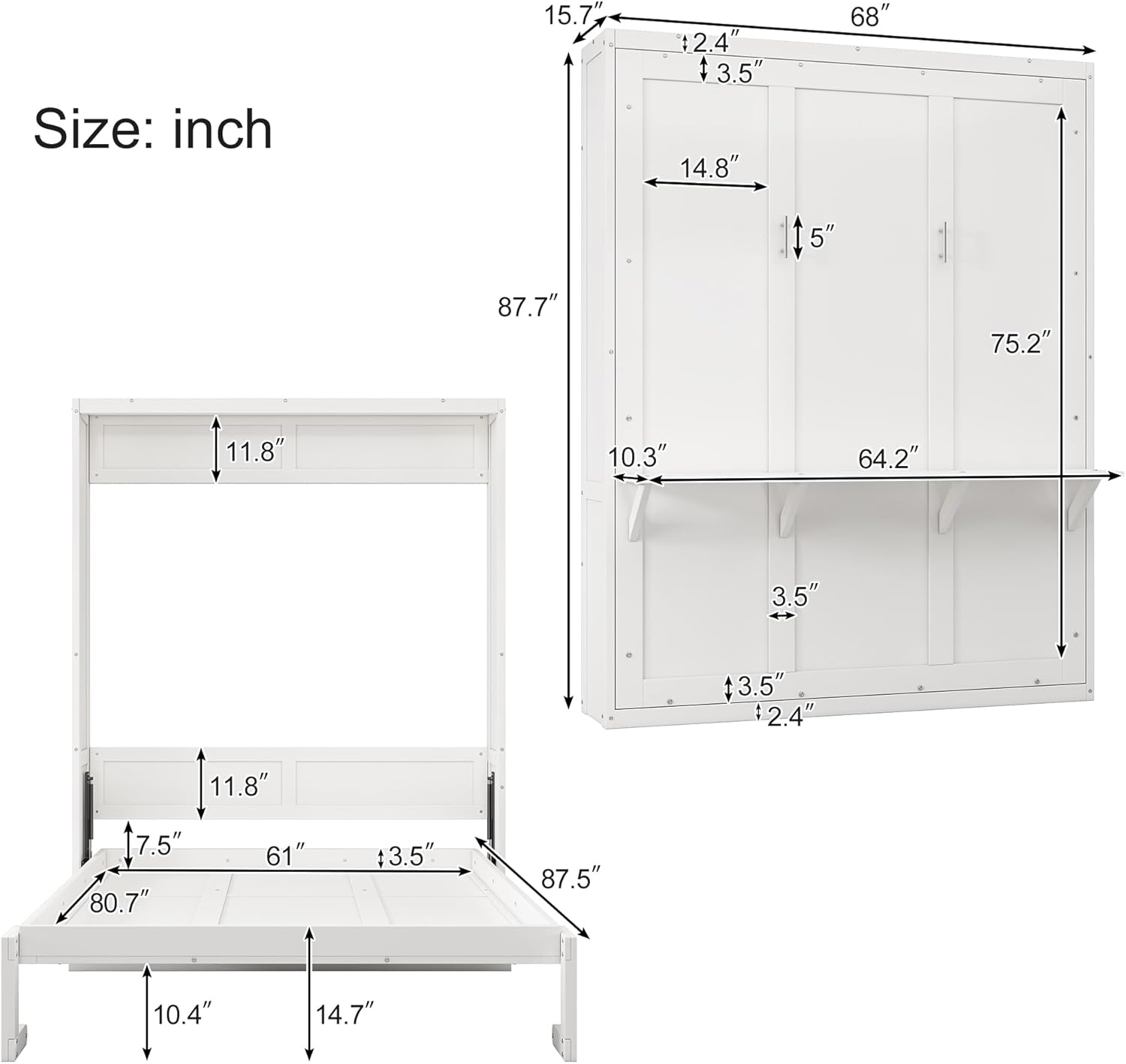 Queen Size Murphy Bed Chest with Desk and 1 Side Storage Cabinet Shelves, Solid Pine Wall Bedframe Foldable with USB Port, Space Saving
