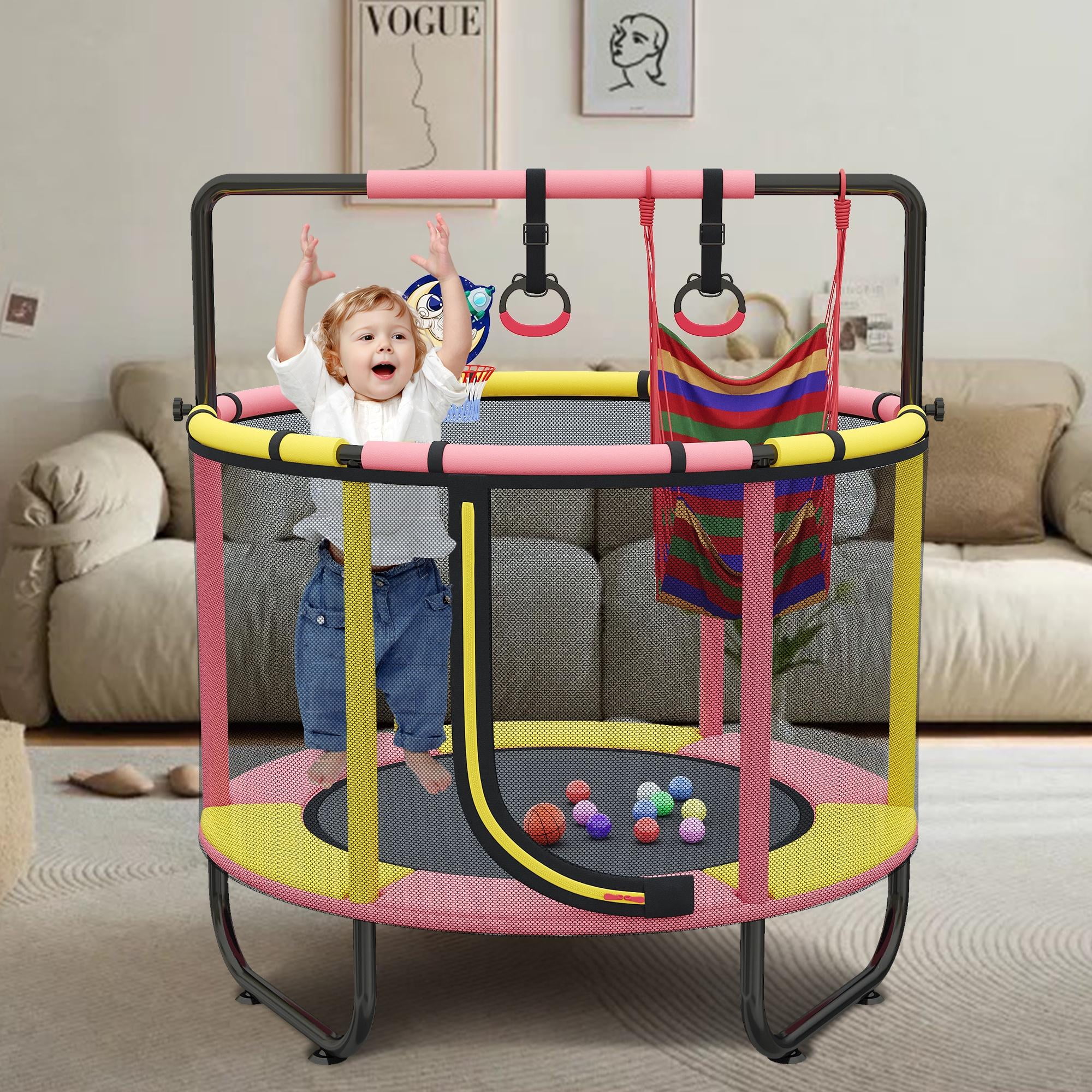 55'' Mini Trampoline for Kids, Small Toddler Trampoline with Enclosure, Indoor Outdoor Trampoline with Basketball Hoop, Adjustable Bar and Rings