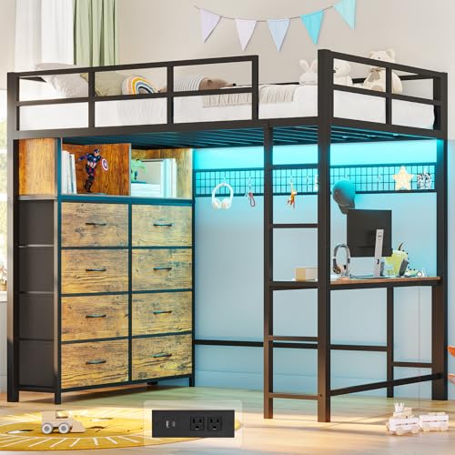 ADORNEVE Twin Size Loft Bed with Desk and 8 Storage Drawers, Metal Kids Loft Bed Twin with LED Lights & Charging Sation, Storage Shelves