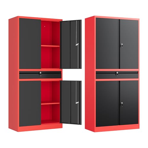 Letaya Metal Garage Storage Cabinet with Drawer,4 Door Tool Cabinet with Lock-2 Adjustable Shelves for Garage Home Office Utility Room (Black)