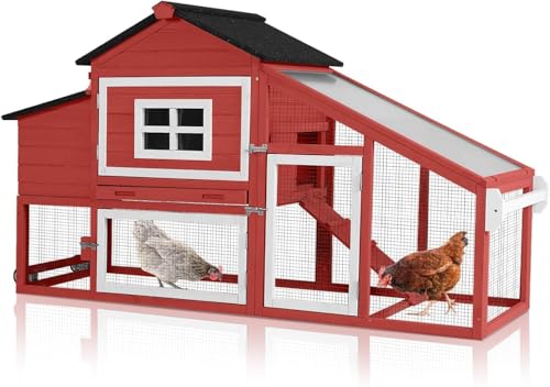 Chicken Coop with Wheels, Mobile Outdoor Chicken House with Leakproof Pull-on Tray, Nesting Box, Waterproof Roof - Red