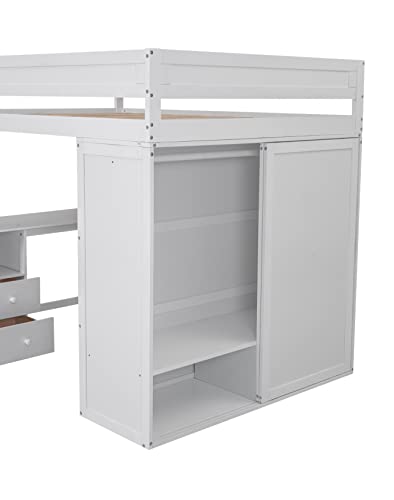 Full Size Loft Bed, Multi-Functional Solid Wood Loft Bed with Wardrobes and 2-Drawer Desk and Storage Cabinet