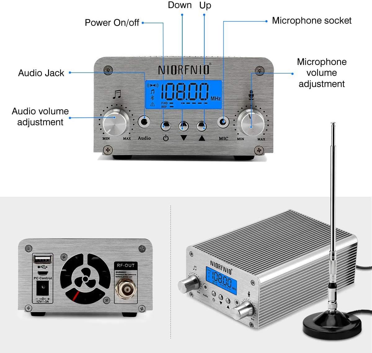 88.0-108.00MHz PLL FM Transmitter Radio Stereo Station Wireless Broadcast+TNC Antenna for Drive-in Church Supermarket School