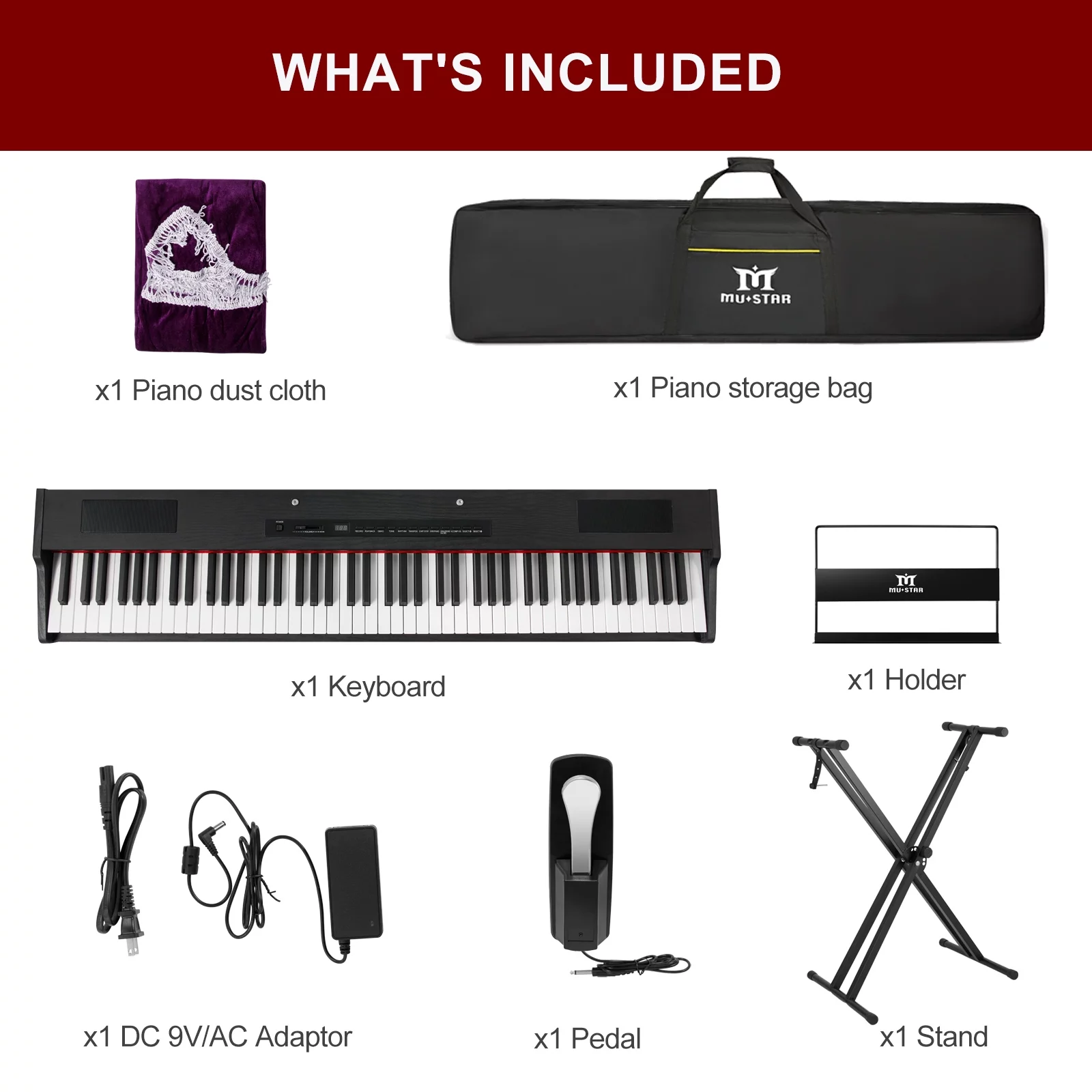 MUSTAR 88-Key Digital Piano Weighted Keyboard Hammer Action w/Stand, Bluetooth,Pedal,Bag,MDF,Black