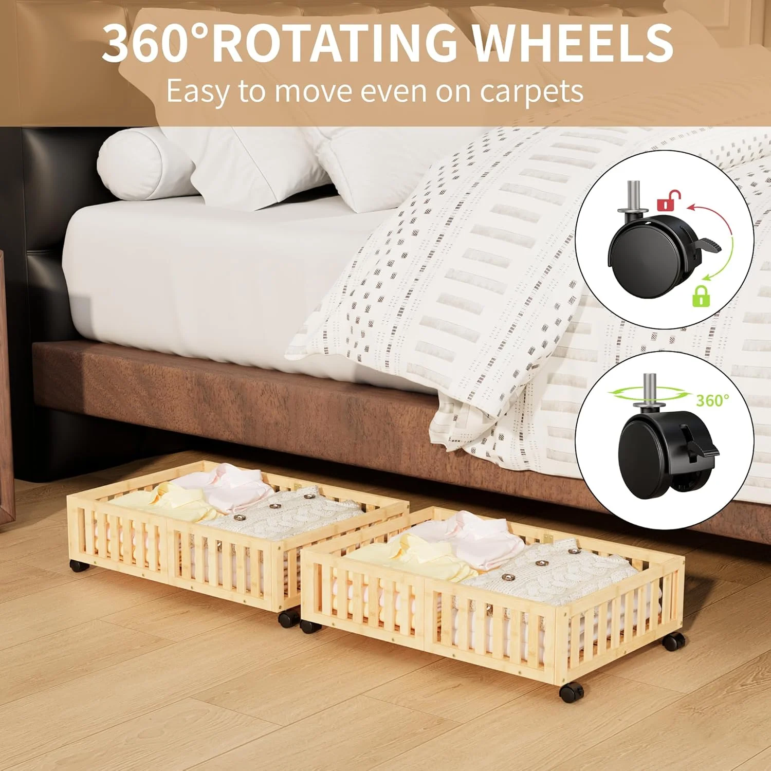 Bamboo Under Bed Storage with Wheels (2-Pack) – Rolling Underbed Shoe Organizer Box for Shoes, Blankets, Toys