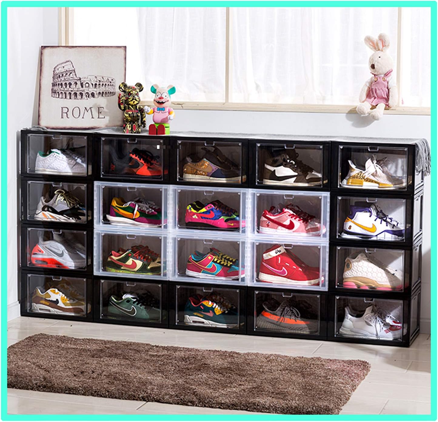 Shoe Box Organizer Stackable Plastic Shoe Storage Box Side &Front Drop Open Door Sneaker Cases Heavy Duty Shoe Container Organizer for Closets