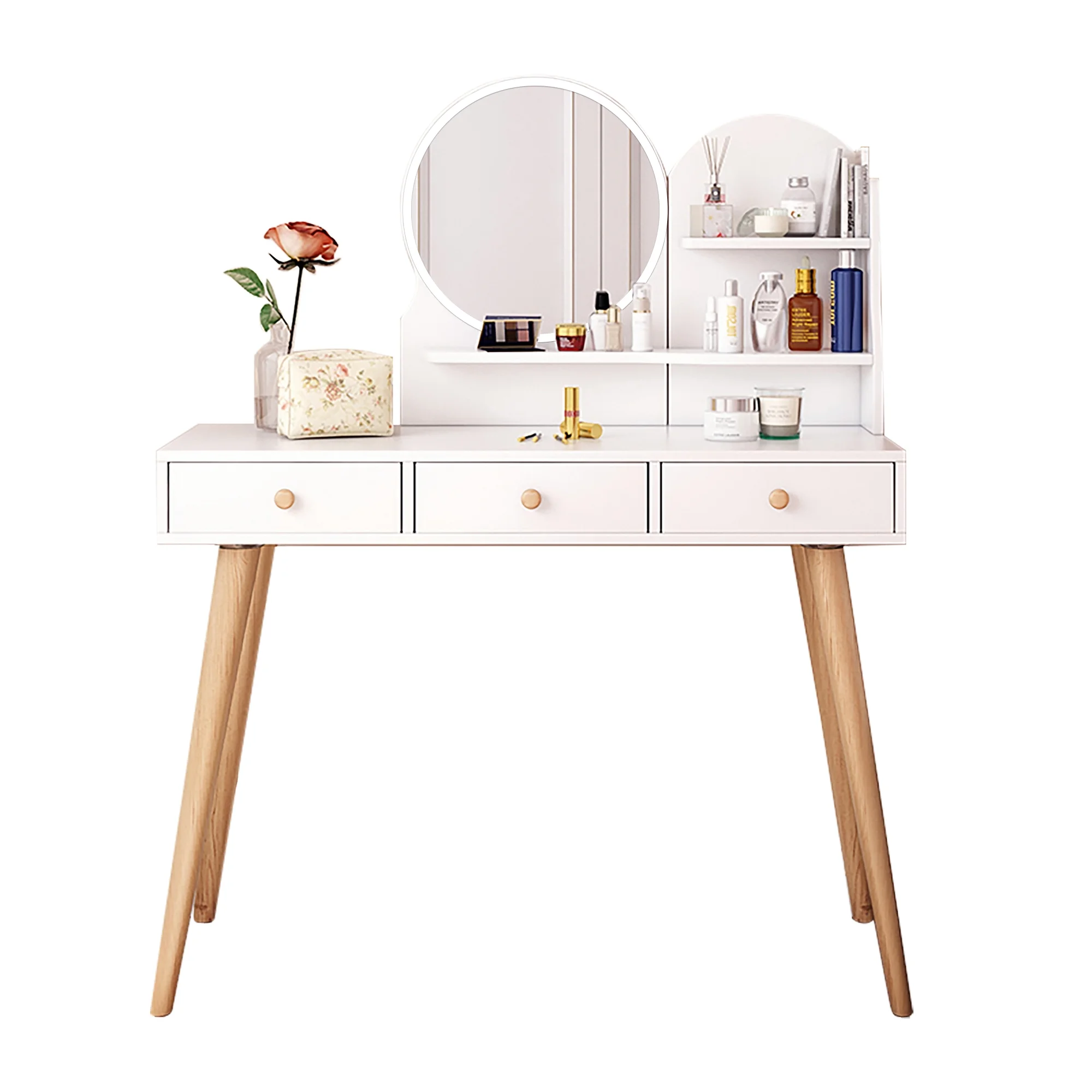 HSUNNS Vanity Desk with Lighted Mirror, 3 Drawers Makeup Dressing Desk with Storage Shelves