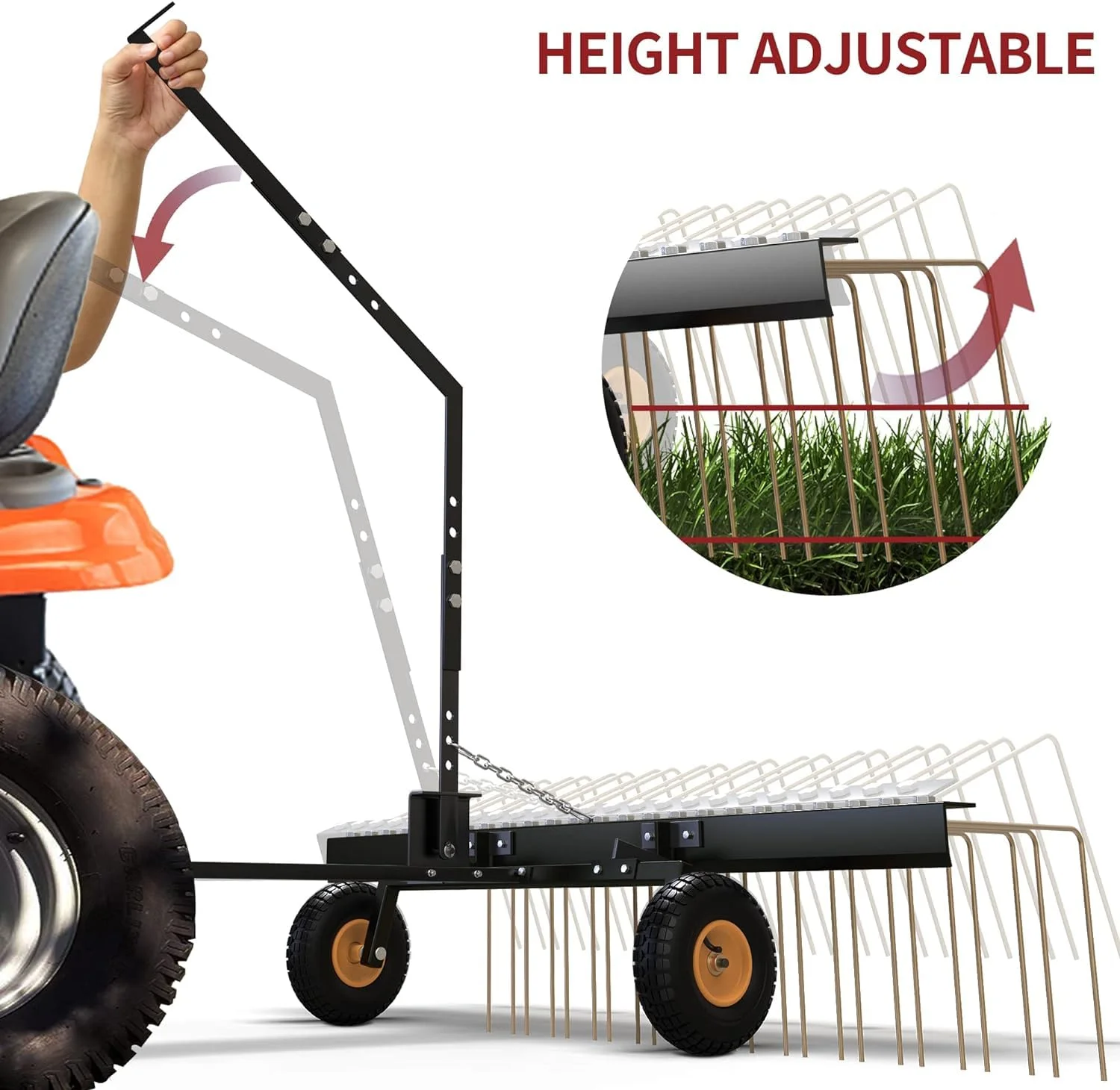Tropow 60in Pine Straw Tow Behind Steel Landscape Rake w/Wheels & Handle