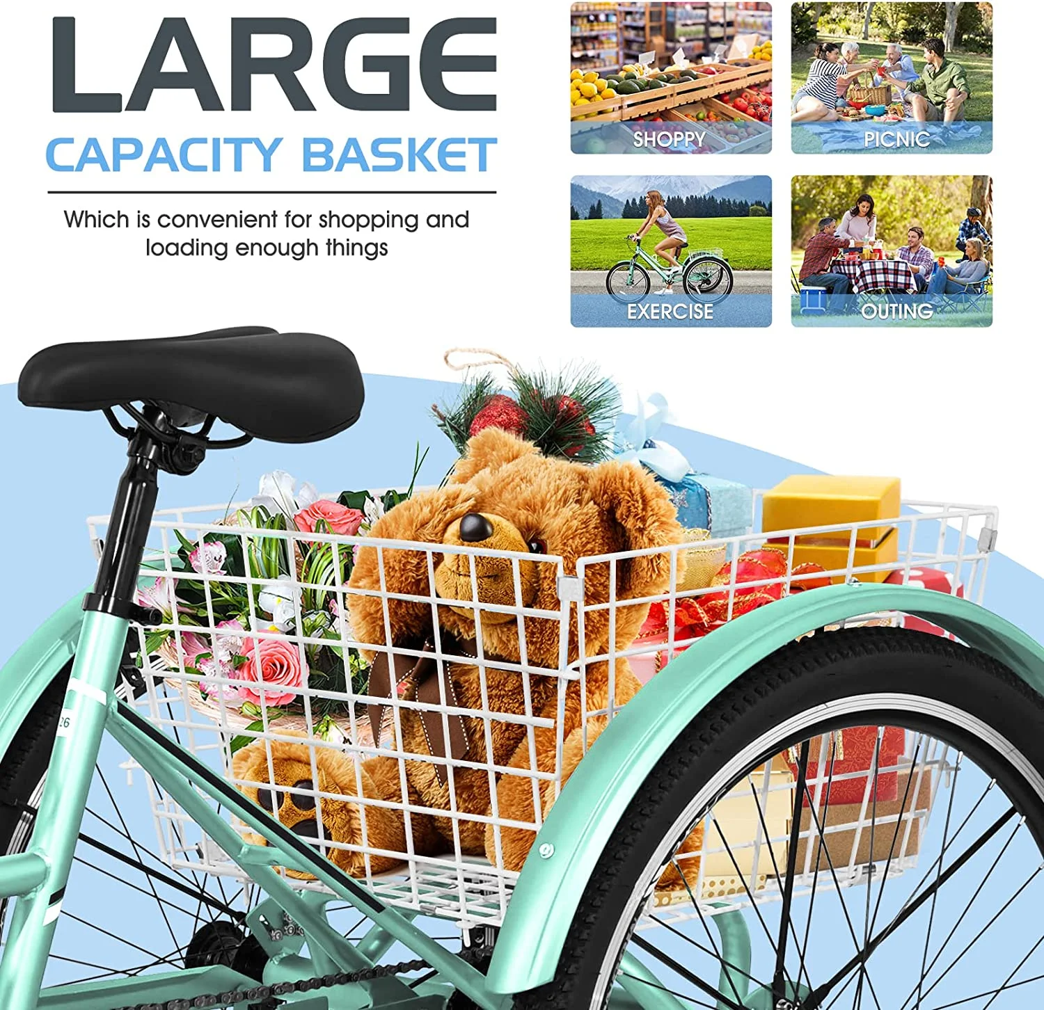 ABORON Adult Mountain Tricycle, 7 Speed Three Wheel Bike, 24/26/27.5 Inch Adults Trikes for Seniors with Shopping Basket