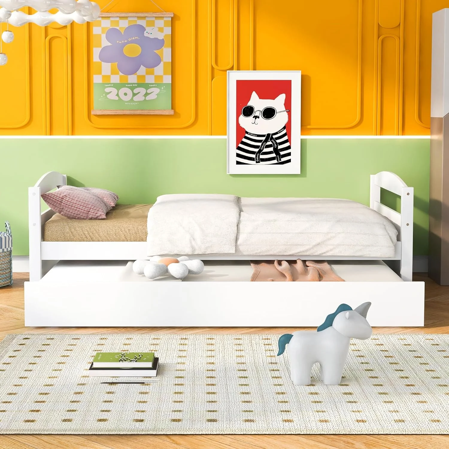 Size Daybed With Trundle, Wood Platform Bed Frame, Slats Support, White