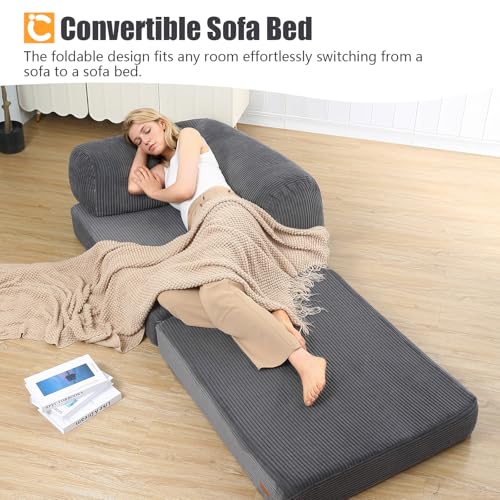 COMAX Folding Sofa Bed, Convertible Chair Bed Corduroy 3-in-1 Foldable Floor Couch with High-Density Foam, Futon Sofa Sleeper Mattress