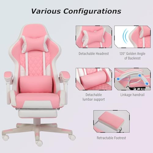 Gaming Chair, Computer Office Chair with Footrest, Linkage Armrests and Lumbar Support, High Back Ergonomic Gamer Chairs for Adults, Blue Fabric