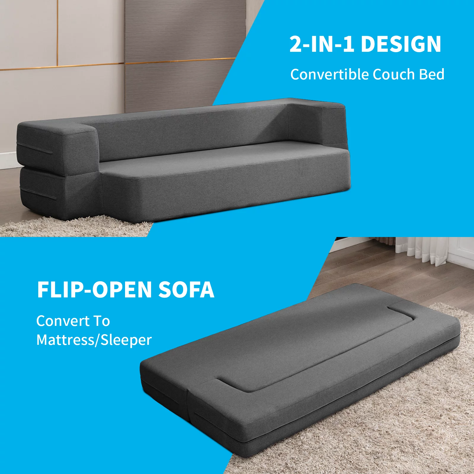 Mjkone Folding Queen Size Sleeper Sofa Bed,Convertible Couch Bed,Floor Foam Mattress, Linen Fabric