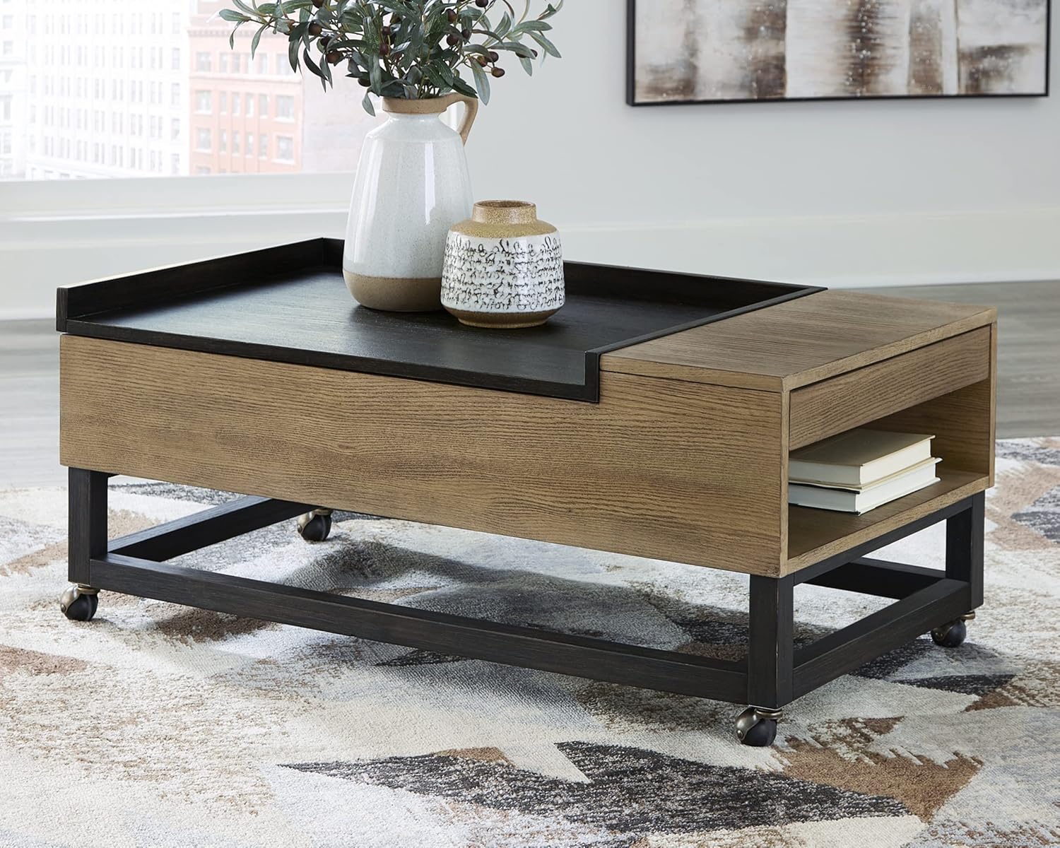 Signature Design by Ashley Fridley Modern Lift Top Cocktail Table with Cupholders and Casters, Light Brown