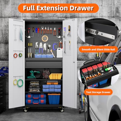 Aobabo 71" H×32" W×16" D Metal Storage Cabinet with Wheels, Garage Steel Storage Cabinet with 5 Adjustable Shelves and 4 Hooks for Home Office