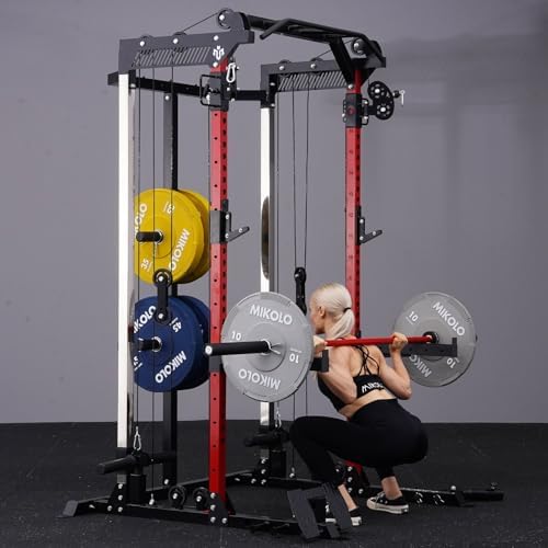 Mikolo Power Cage, 2000LB Power Rack with Independent Dual Pulley System, Multi-Function Home Gym Workout Machine for Cable Crossover