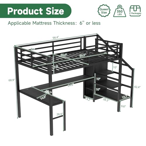 Queen Size Metal Loft Bed with L Shaped Desk and Wardrobe, Heavy Duty Loft Bed Frame with Storage Stairs, High Loft Bed Frame with LED