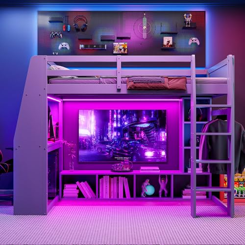 SOFTSEA Full Size Loft Bed with Desk and Storage, Solid Wood Loft Bed with Open Wardrobe and Multi-Storage Shelves