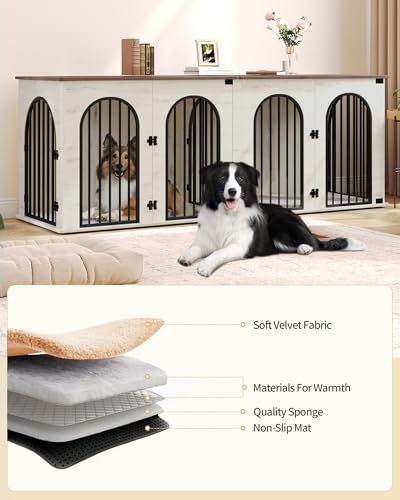 71" Dog Crate Furniture for 2 Dogs, Heavy Duty Indoor Dog Kennel TV Stand, XXL Wooden Dog Cage with Divider for Medium Large Dogs