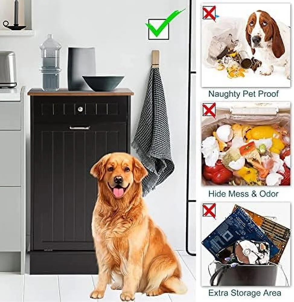 TJUNBOLIFE Cabinet  Tilt Out Free-Standing Trash Bin with Drawer and Countertop  Pet-Proof Recycling Laundry Hamper for Home Kitchen Bathroom  Grey