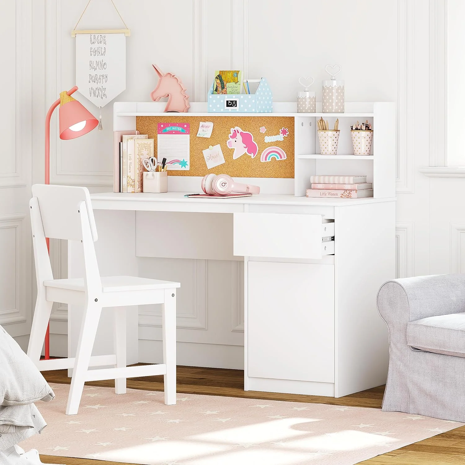 Spirich Kids Study Desk with Chair, Kids Desk and Chair Sets with Hutch and Storage Cabinet, Wooden Children Study Table