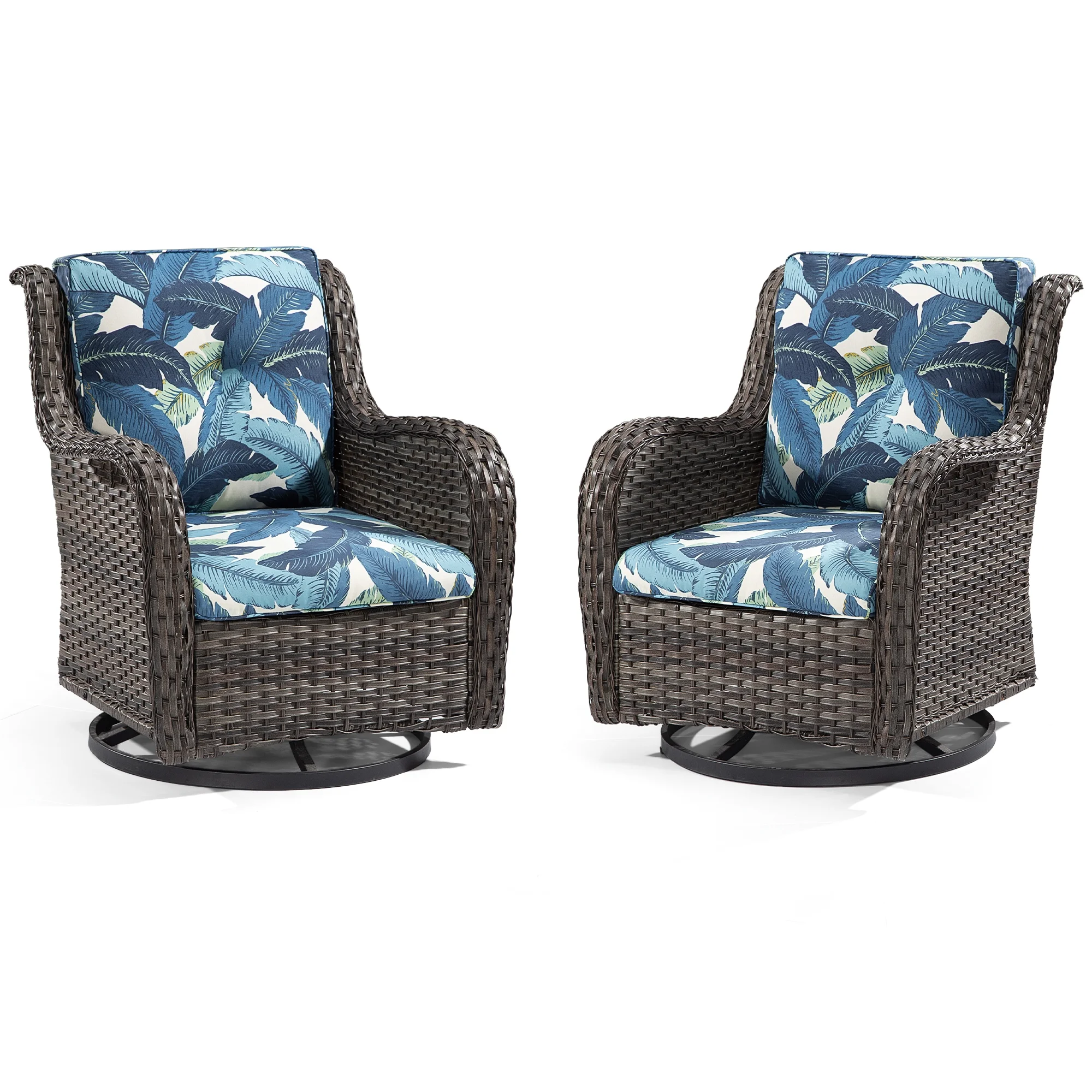 Meetleisure 2 Pieces Outdoor Patio Furniture Wicker Swivel Chair with Cushions for Backyard, Swaying Palms Blue