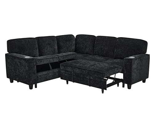 L-Shaped Pull Out Sleep Sofabed,Modern Reversible Sleeper Sectional Sofa Chenille Upholstered Button Tufted Decor with Storage Chaise