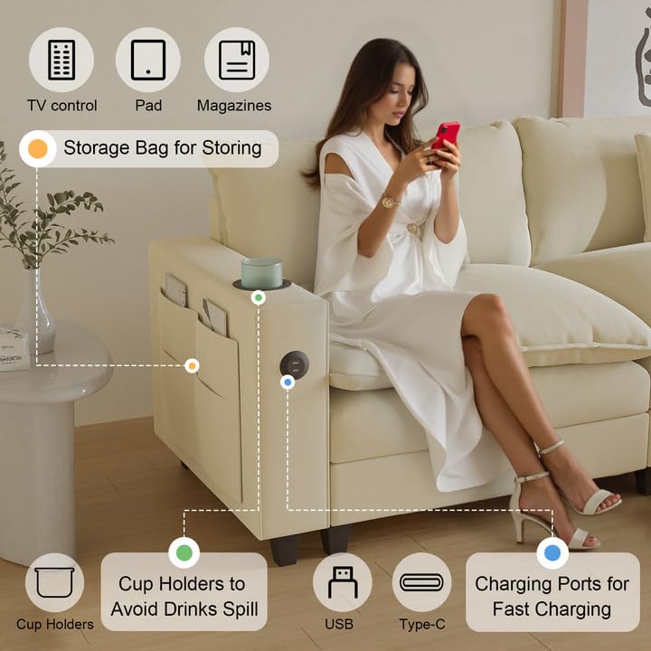 Modular Sectional Sofa, Cloud Couch with Ottoman, Charging Station, Throw Pillows, Cup Holders, Modern Convertible U Shaped Couches for Living Room