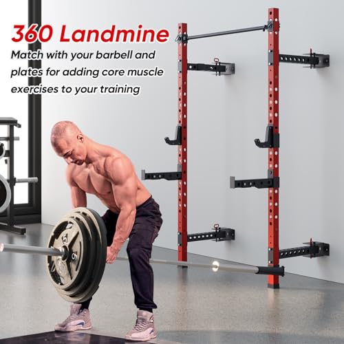 QSNSILK 2.36" x 2.36" Folding Squat Rack, Wall-Mounted Power Cage with Pull-up Bar, J-Hooks, Landmine, Spotter Arms, 1000LBS Capacity