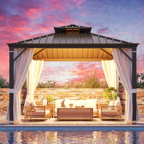 YOLENY 10' x 12' Hardtop Gazebo, Metal Gazebo with Aluminum Frame, Double Galvanized Steel Roof, Curtains and Netting Included