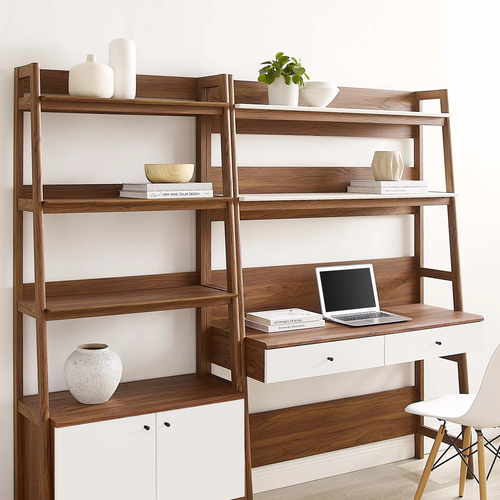 Modway Bixby 2-Piece Wood Office Desk and Bookshelf in Walnut White