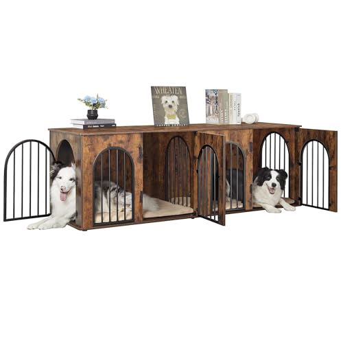 71" Dog Crate Furniture for 2 Dogs, Heavy Duty Indoor Dog Kennel TV Stand, XXL Wooden Dog Cage with Divider for Medium Large Dogs