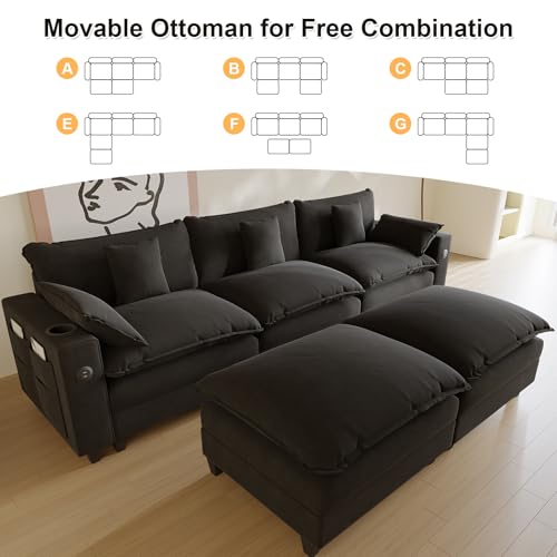 Modular Sectional Sofa, Cloud Couch with Ottoman, Charging Station, Throw Pillows, Cup Holders, Modern Convertible U Shaped Couches for Living Room