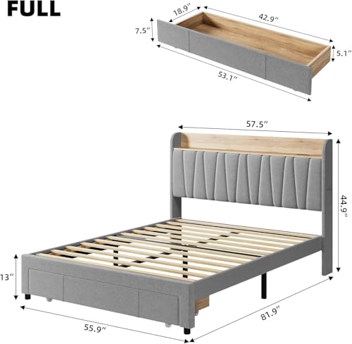 IDEALHOUSE Queen Size Bed Frame with Storage Headboard, Upholstered Platform Beds with Drawers, Charging Station, Noise-Free, No Box Spring Needed