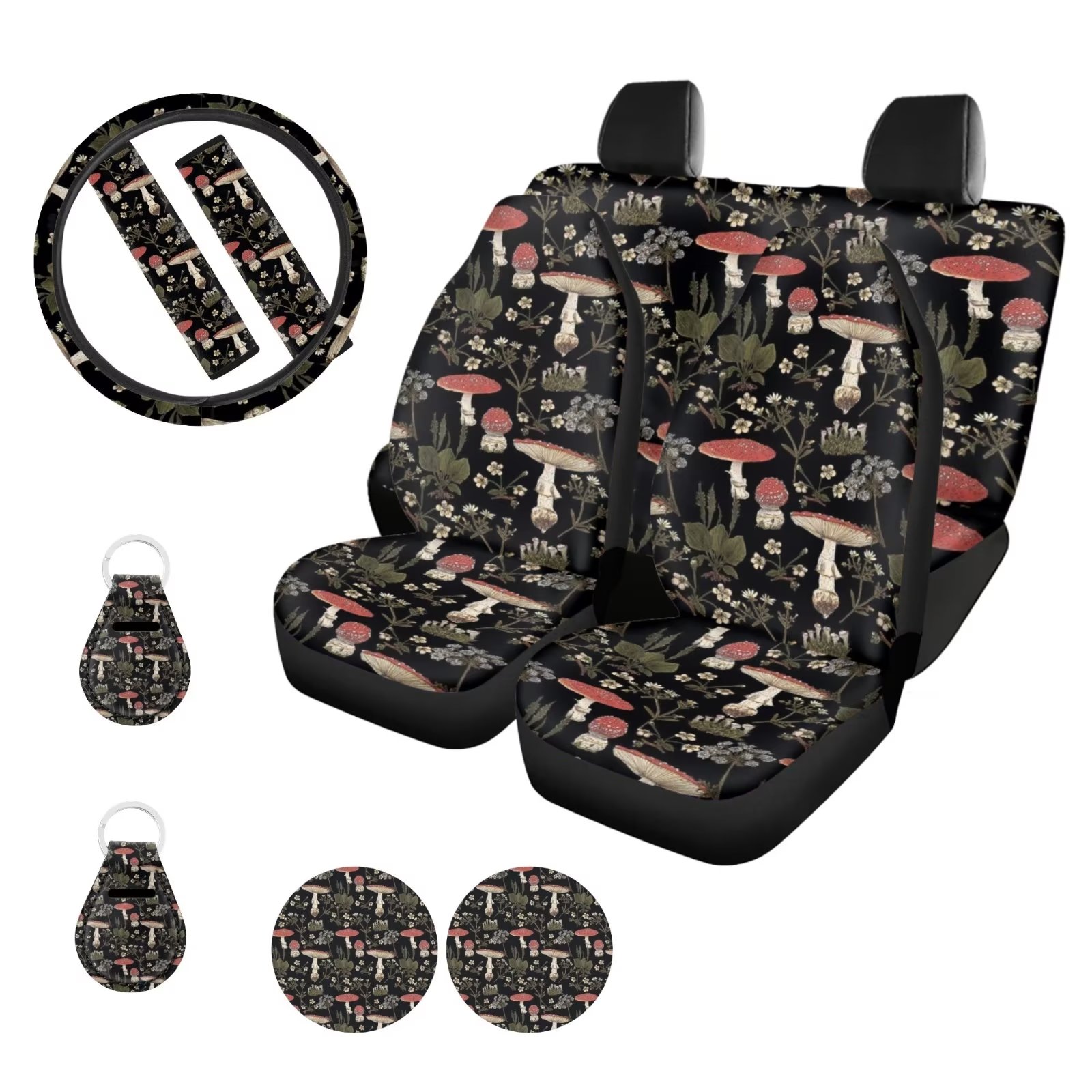 Binienty Aesthetic Flower Mushroom Car Seat Covers Full Set of 11-Cup Holder Coaster,Key Chain,Front Rear Bench Protector