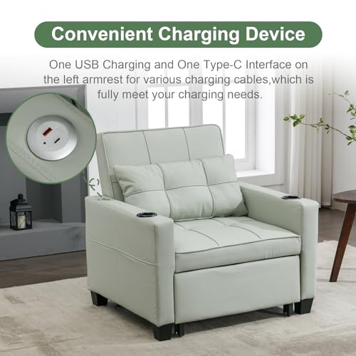 Sleeper Chair Bed, Modern 3 in 1 Convertible Chair Bed, Pull Out Sleeper Chair with USB/Type C Ports and Cup Holder