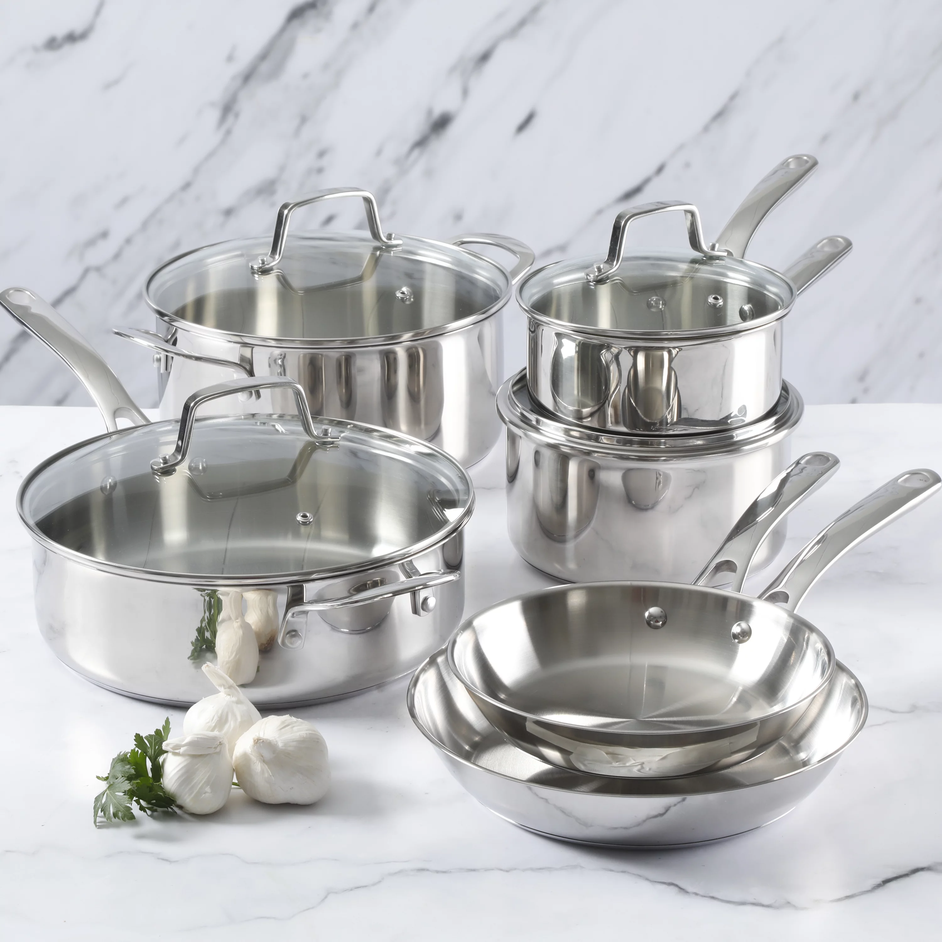 Martha Stewart 10pc Cookware Set, Polished Exterior Stainless Steel Pots and Pans