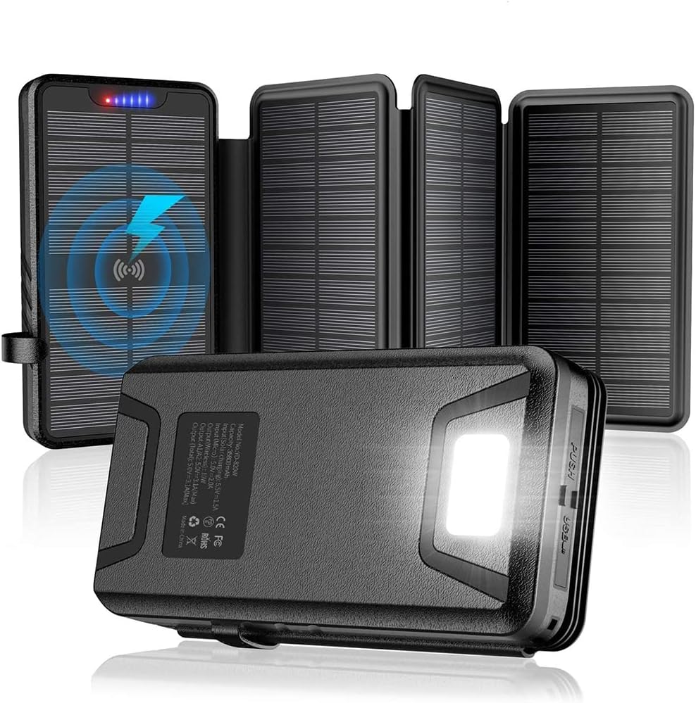 Solar Charger 38800mAh Solar Power Bank with Dual 3.1A Outputs 10W Qi Wireless Charger Waterproof Built-in Solar Panel and Bright Flashlights Pack of