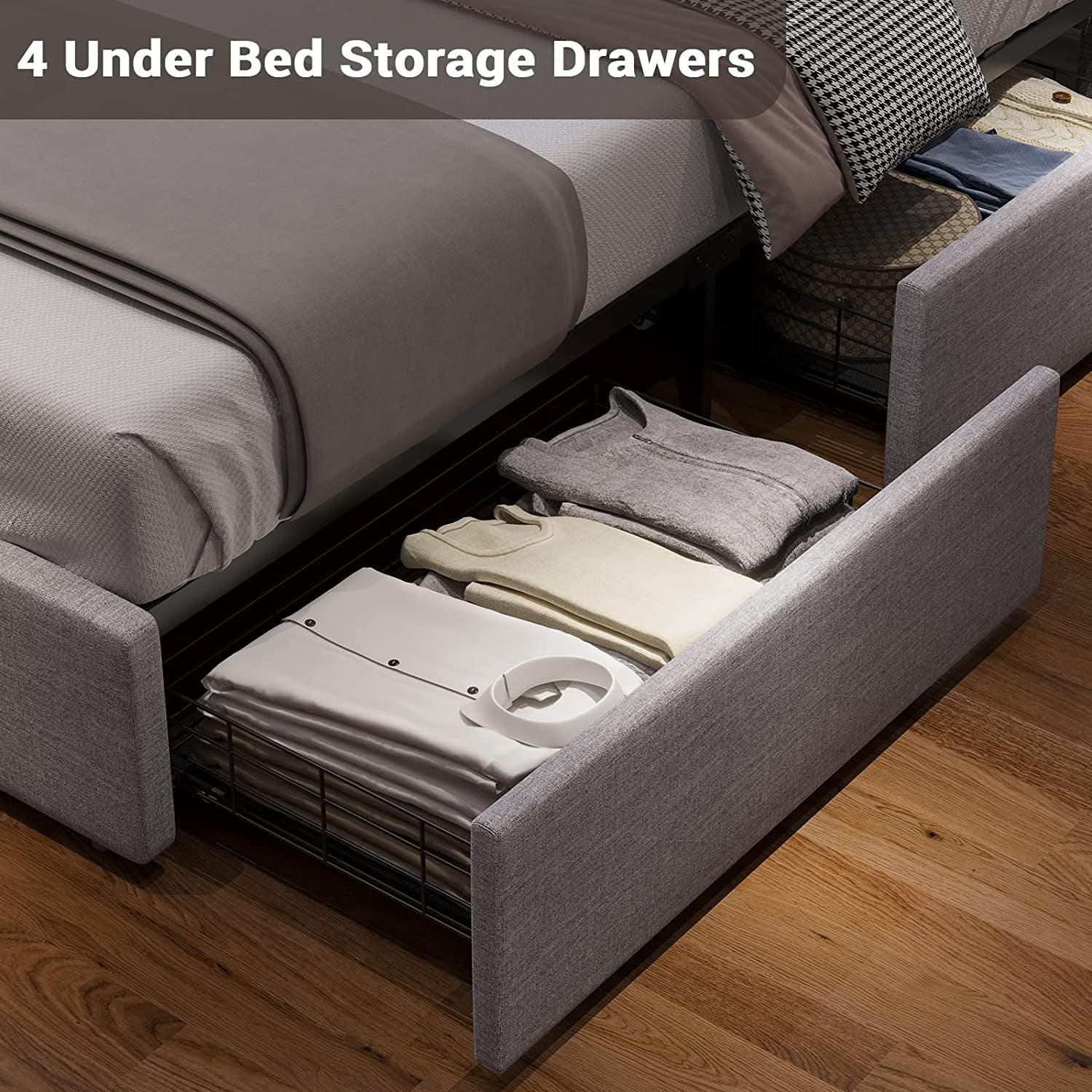 Queen Size Bed Frame with 4 Drawers, Upholstered Platform Bed with LED Lights Headboard and USB Charging Station, No Box Spring Needed, Dark Grey