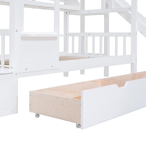 Harper & Bright Designs Twin Over Twin Bunk Bed with Stairs and Slide, Solid Wood Bunk Bed Frame with Storage Drawers and Bookshelf