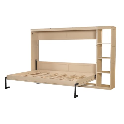 Queen Size Farmhouse Murphy Bed Cabinet with Charging Station, Foldable Platform Bed Frame with 2 Storage Drawers