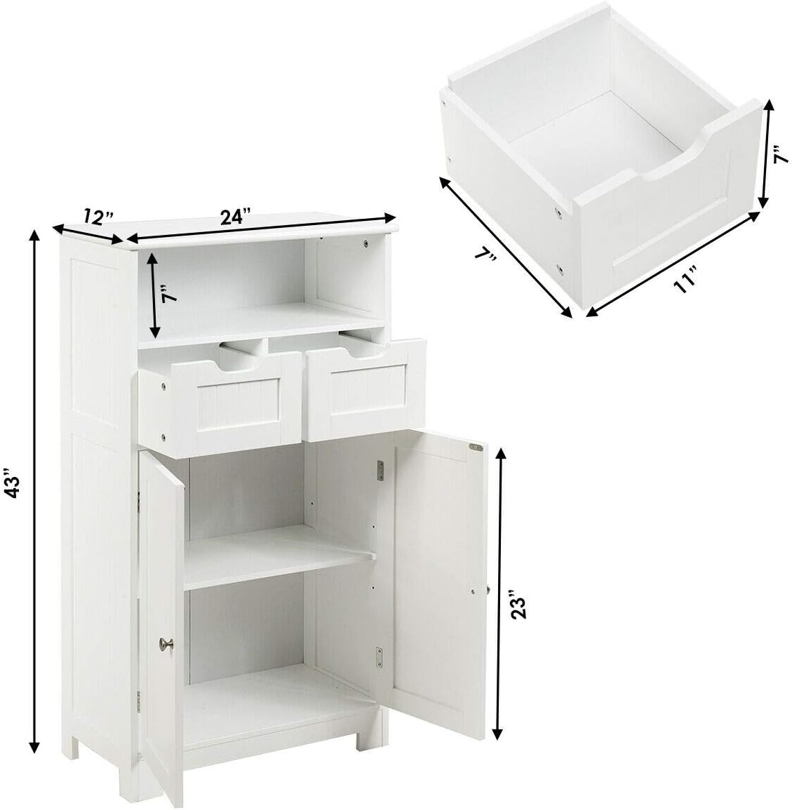 Elegant Design Multifunction Freestanding Bathroom Floor Cupboard Cabinet Storage Organize with 2 Drawer Adjustable 2 Doors Sturdy Durable for Toilet