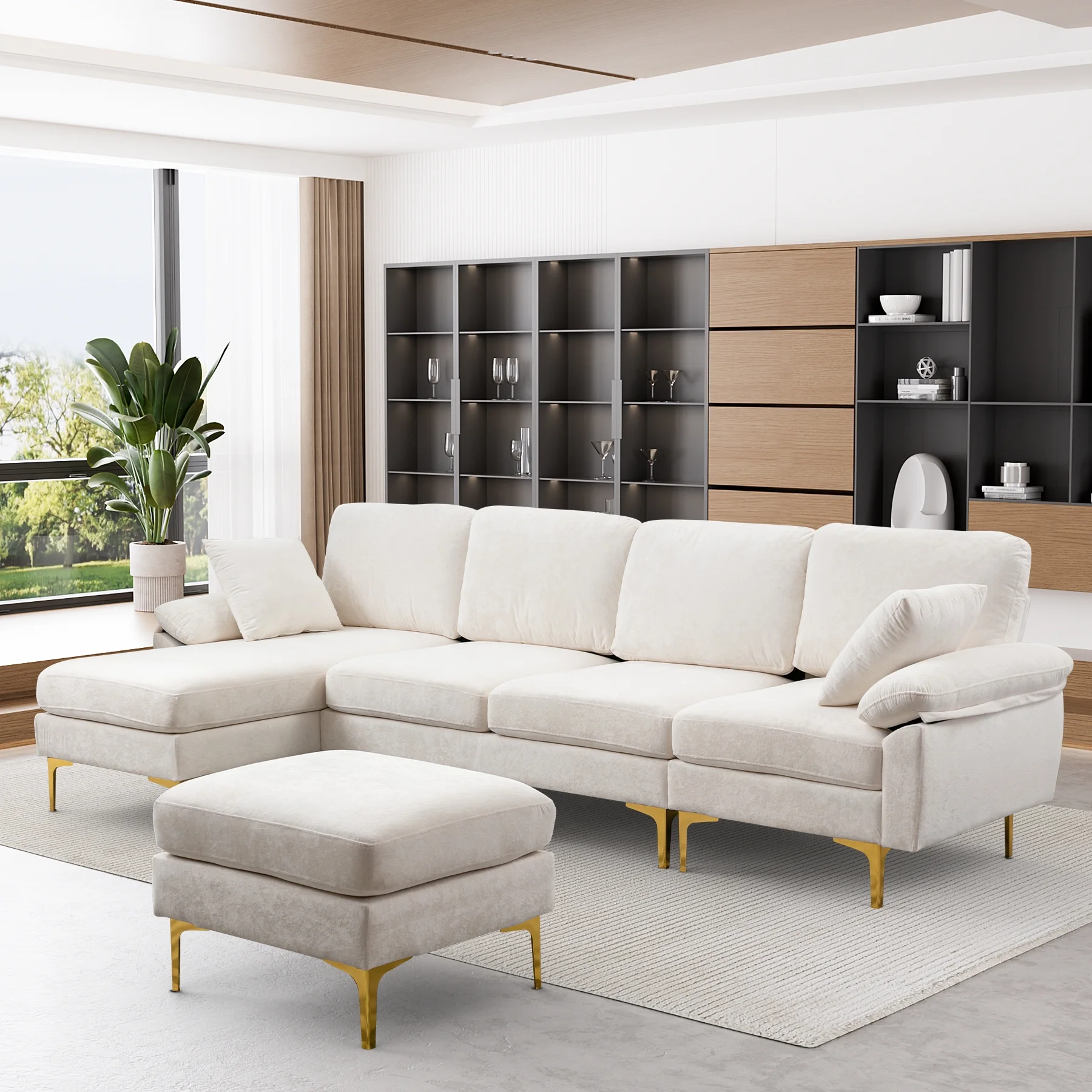 Rophefx Upholstered Velvet U-shaped Sectional Sofa With Ottoman