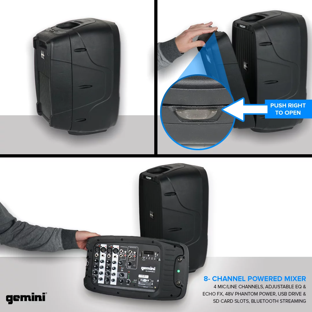 Gemini ES-210MXBLU-ST Bluetooth Portable PA System With Detachable Powered Mixer