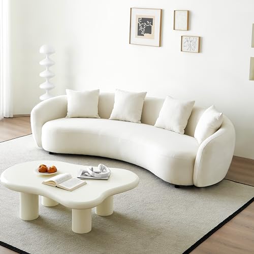 101.57" Curved Sofa Couch for Living Room Modern Boucle Couch with 4 Throw Pillows 4 Seater Cream Upholstered Sofa for Living Room, Office