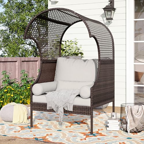 PHI VILLA Outdoor Wicker Egg Chair, Oversized Lounge Chair with Cushion, Large Brown Basket Rattan Chair for Patio, Porch, Garden, Balcony, Indoor
