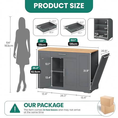 YITAHOME 53 inch Large Rolling Kitchen Island with Trash Can Storage Cabinet