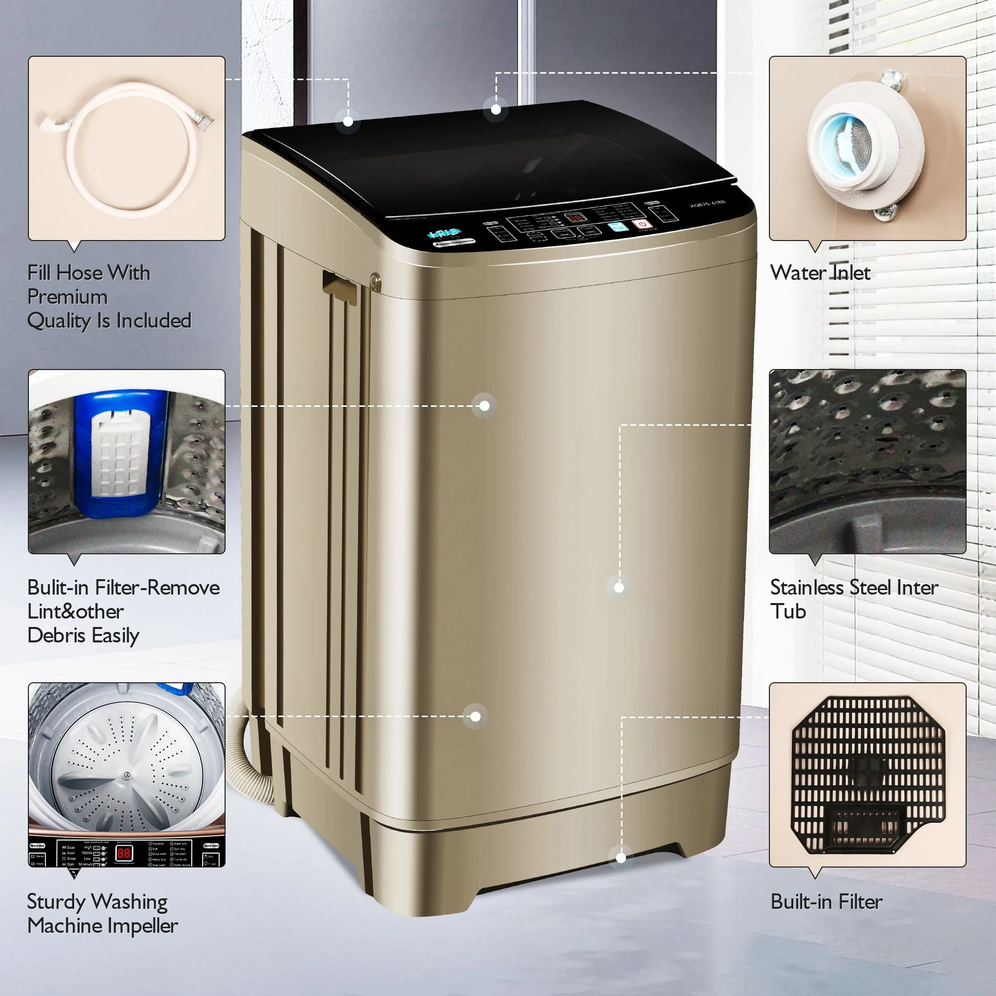 KRIB BLING Portable Washing Machine, 17.7 lbs Large Capacity Full Automatic Washing Machine, Compact Laundry Washer for Home Apartment, Coffee Gold